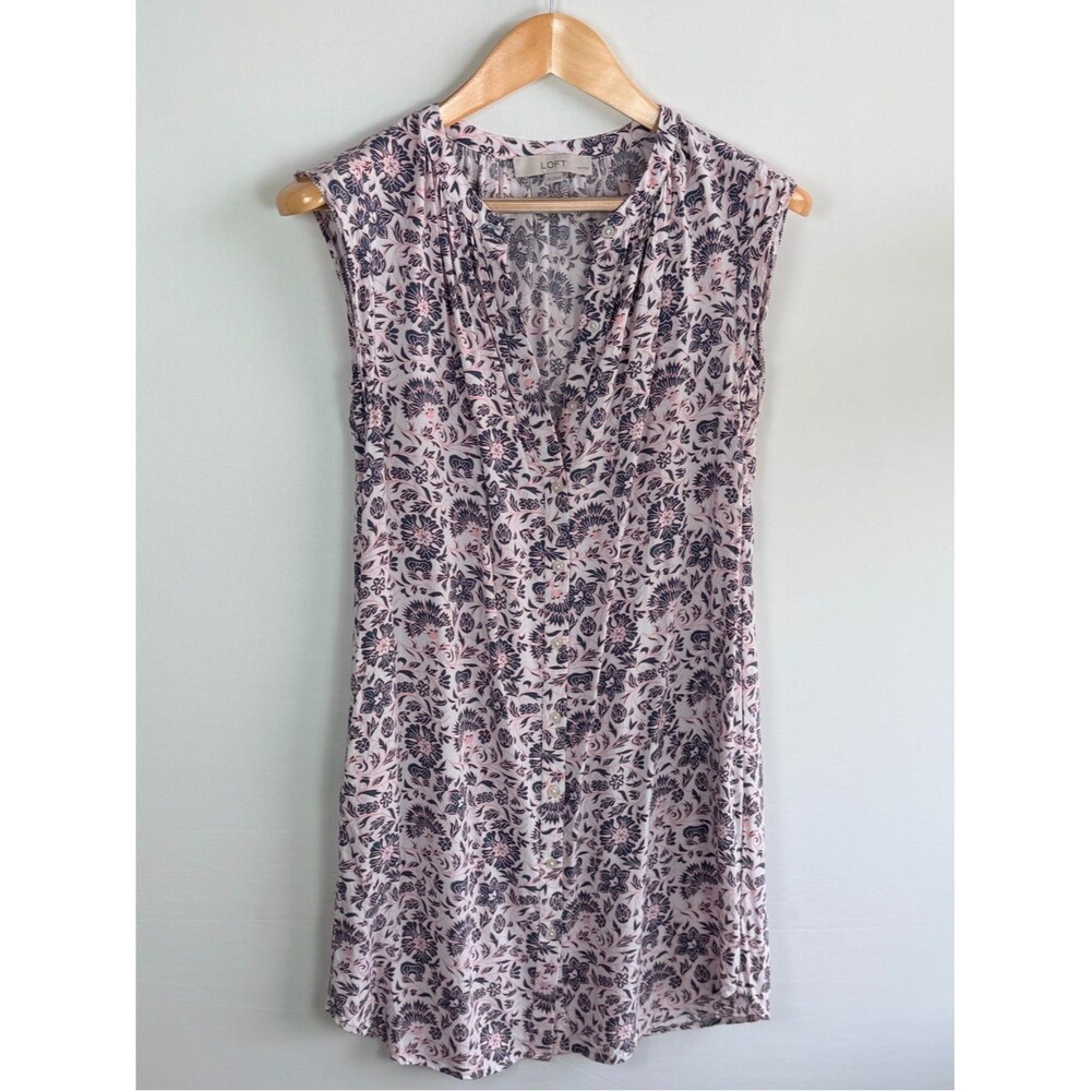 LOFT Petite Floral Shirt Dress Pink Blue Sleeveless Button Front Size Small